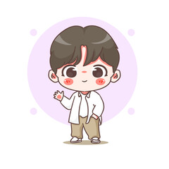 Cute boy waving hand cartoon character. Korean style fashion. People expression concept design. Chibi vector illustration. Isolated white background