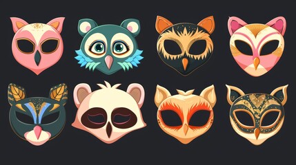 Animated carnival masks set isolated on black background. Kids pandas, birds, cats costume elements, masquerade festival decoration, child birthday party fun symbol.