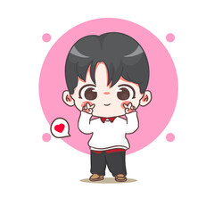 Cute boy posing peace hand wearing sweat shirt cartoon character. Korean style fashion. People expression concept design. Chibi vector illustration. Isolated white background