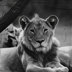 A pride of lions resting, the image emulated on celluloid film 1:1 with slight signs of damage over...