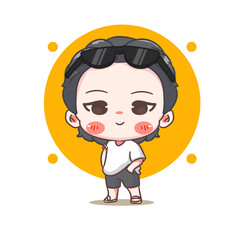 Cute boy posing hand in pocket cartoon character. Korean style fashion. People expression concept design. Chibi vector illustration. Isolated white background