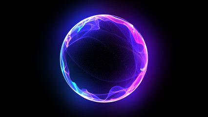 Vibrant glowing particle 3d sphere. Virtual assistant concept. Bright 3d energy orb in the space. Technology, science, innovations, and artificial intelligence background.
