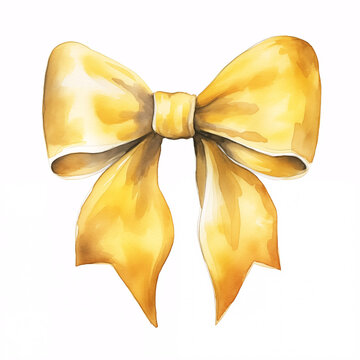 watercolor drawing of a yellow bow ribbon on an isolated white background