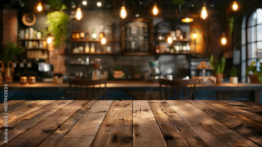 Poster cafe background with blurred setting and wooden table for product display or design layout. concept 