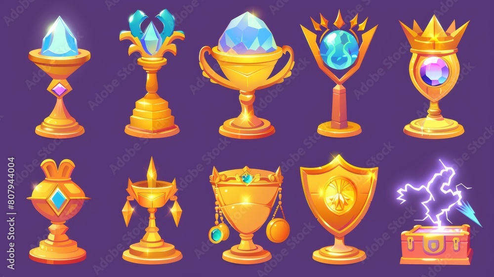Poster an animated modern set of gold goblet trophy designs for game user interfaces. includes cups, crowns