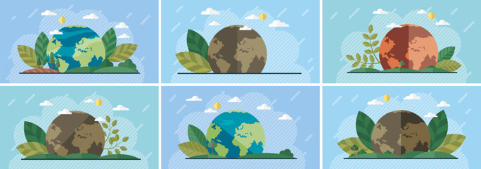 World Environment Day. Earth day or environment conservation concept. Save green planet. Earth nature care. Eco globe green world with plant symbol set. Ecology planet and leaf. Presentation print
