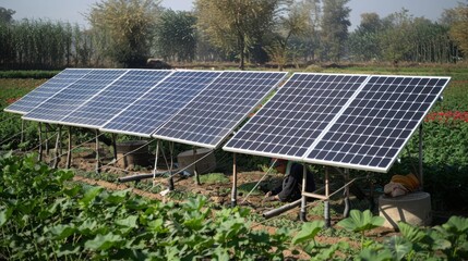 A farmer using a solar powered irrigation system in the field