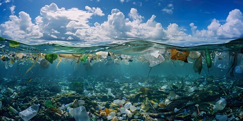 Underwater front view on polluted plastic water ocean or sea wave, macro, glass, sky, blue