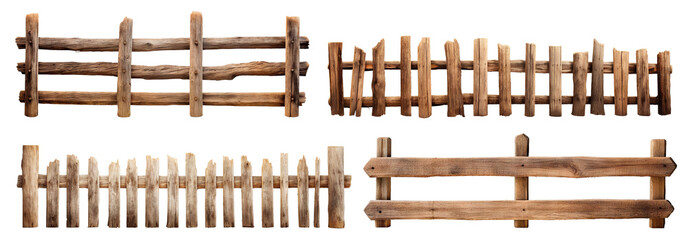 Set of rustic wooden fences, cut out