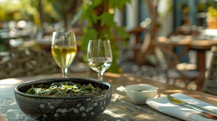 Delicious Greek food in a bowl alongside two glasses of wine on a table