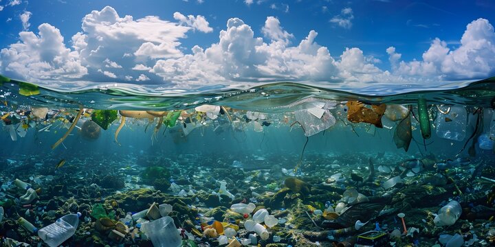 Underwater front view on polluted plastic water ocean or sea wave, macro, glass, sky, blue