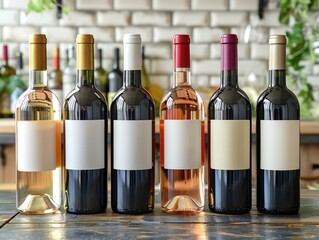 wine bottles lined up with white labels