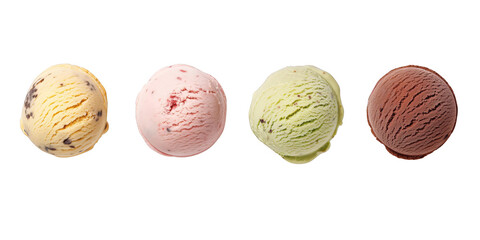Set of four various ice cream balls or scoops isolated . Top view. 