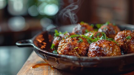 Close up of a pan of Greece food - Keftedes Greek meatballs on a rustic table