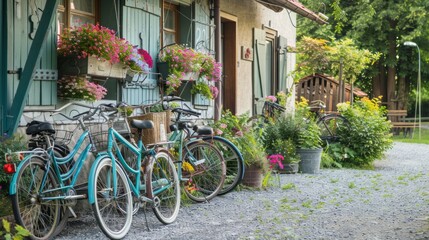 Fototapeta na wymiar A line of vintage bicycles parked outside a rustic countryside inn,with colorful flower baskets hanging from the eaves and a sense of idyllic charm in the air