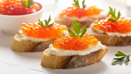 Bruschetta with cream cheese and red caviar on white table. Delicious snack. Tasty delicacy.