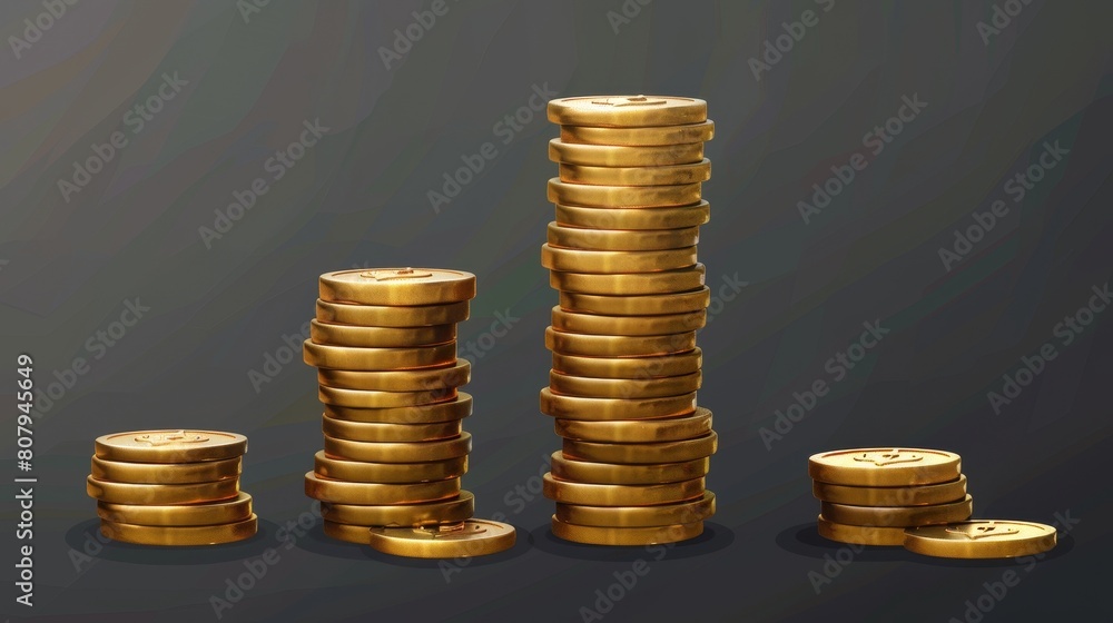 Poster an icon of a gold coin stack stacked in different sizes with a gold money pile in a realistic 3d mod