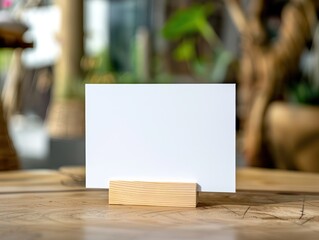 horizontal postal card in wooden stand, on top of a table