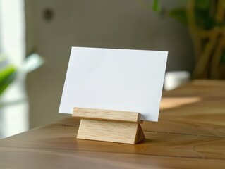 horizontal postal card in wooden stand, on top of a table