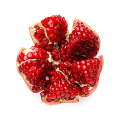 Cut fresh pomegranate isolated on white, top view