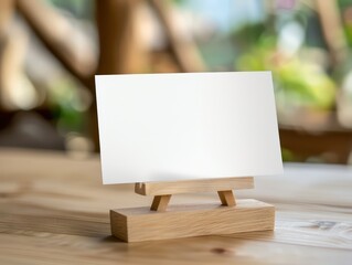 horizontal postal card in wooden stand, on top of a table