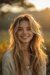 Smiling woman in a park, close-up portrait with blond hair, radiant happiness