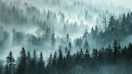 Gloomy pine forest with a thick fog