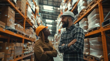 Two logistics professionals in a warehouse laughing together. Generative AI.
