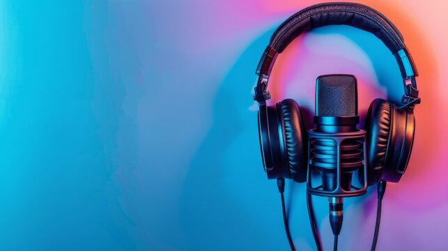 A microphone and headphones on a colorful background, AI