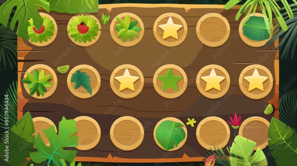 Aufkleber the jungle game user interface design kit includes a wood menu frame with tropical leaves, round but