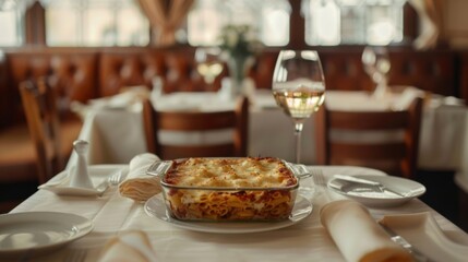 A table displays a delicious Pastitsio casserole and a glass of wine