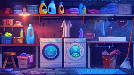 Cartoon illustration of a basement laundry room with washing machine, automatic dryer, iron board, detergent bottles on shelves, mop bucket, baskets with clothes, and detergents in bottles.