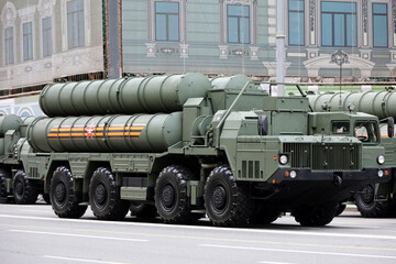Moscow, Russia - May 2, 2024: Russian S-400 Triumph anti-aircraft missile system on Tverskaya street during a rehearsal of the Victory parade - obrazy, fototapety, plakaty