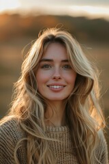 a young woman with long blonde hair and green eyes. She is wearing a brown sweater and smiling at the camera. The background is blurry and looks like a field of wheat at sunset.
