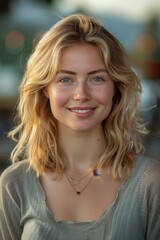 This is a photo of a young woman with blonde hair and blue eyes. She is smiling and wearing a green shirt. The background is blurred.