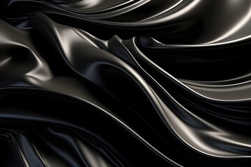 Luxury 3d silk texture black background. Fluid iridescent holographic neon curved wave in motion black elegant background. Silky cloth luxury fluid wave banner.