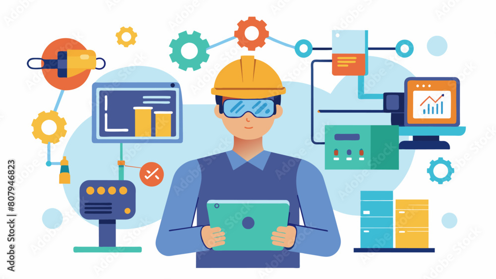 Poster a worker using ar to virtually test out different equipment and machinery before making a purchase o