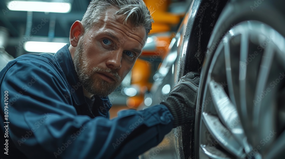 Aufkleber vehicle inspector, a man checking the car. generative ai.