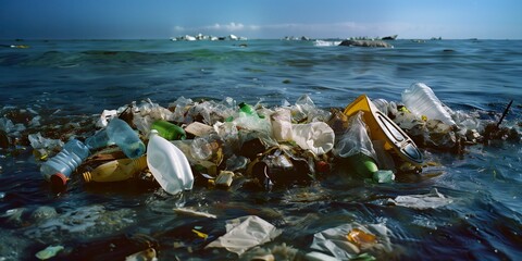 Close view on polluted plastic water ocean or sea surface, macro, glass, sky, blue