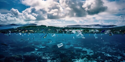 Underwater front view on polluted plastic water ocean or sea wave, macro, glass, sky, blue