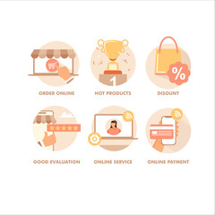 E-Shopping Icons.Containing order online,hot product,discount,good evaluation,online service,online payment.online shopping icons flat illustration.