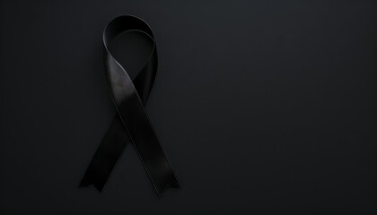 A black ribbon with a white stripe is on a black background