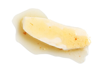 Piece of melting butter on white background, top view