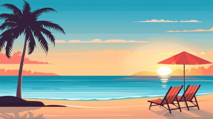 A beach scene with two chairs and a palm tree, AI