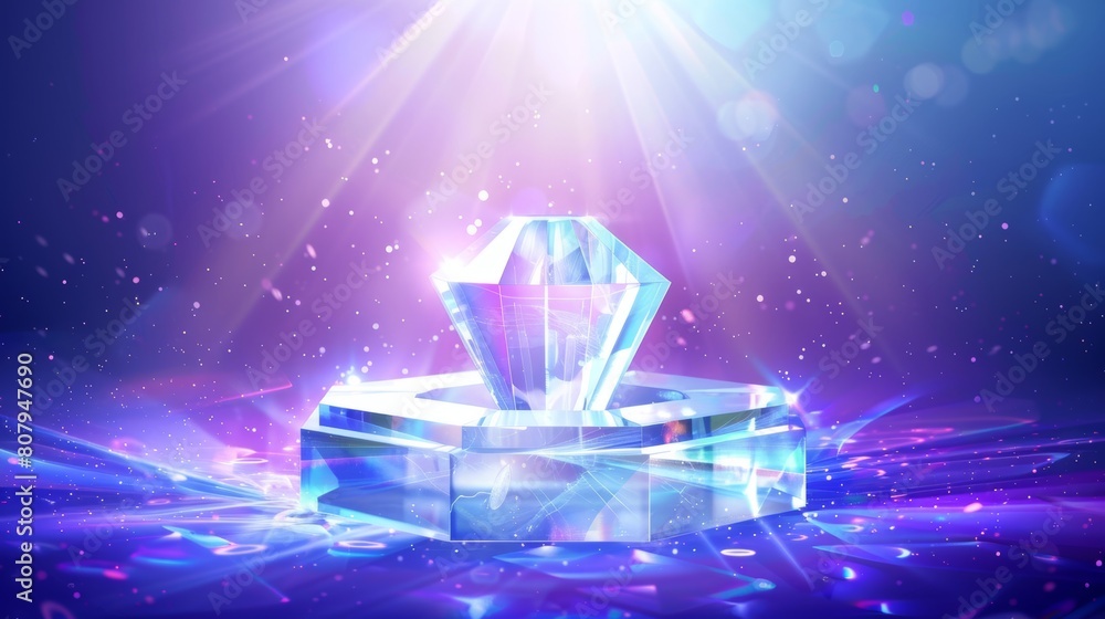 Poster display platform with transparent hexagons on abstract holographic background. illustration of reali