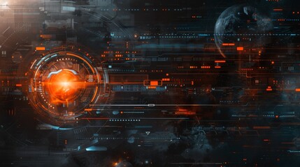 A futuristic looking space background with a glowing orange orb, AI