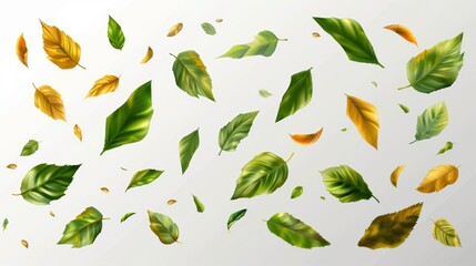 A modern realistic illustration of green mint, yellow, orange tree leaves flying in the air. This design element is suitable for autumn or summer seasons.