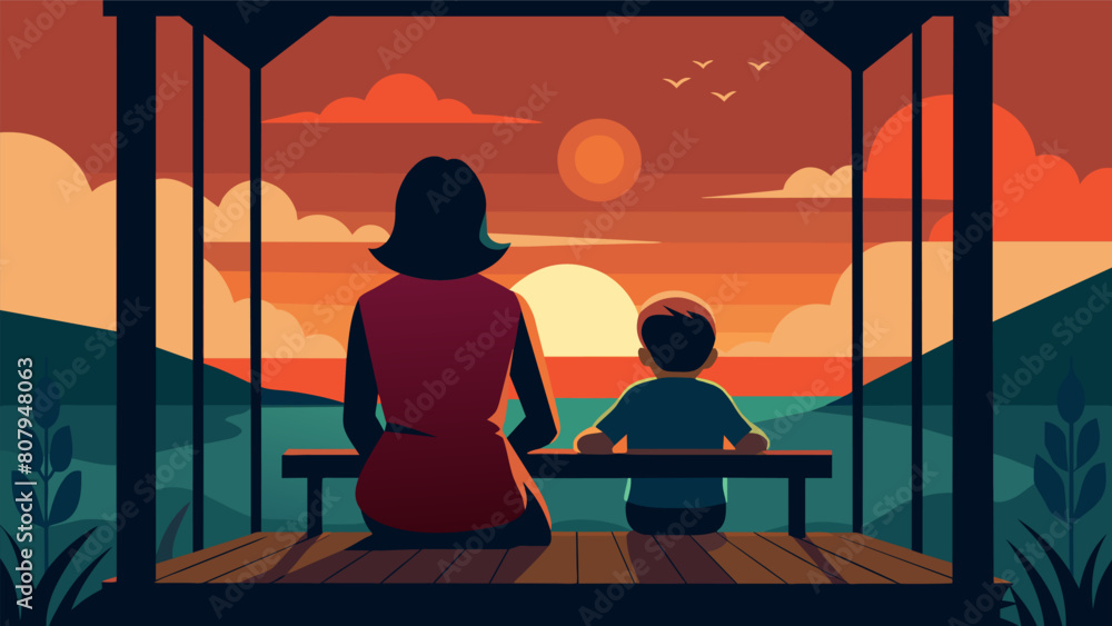 Poster a mother and child sit on a porch swing watching the sunset and discussing the stoic concept of embr