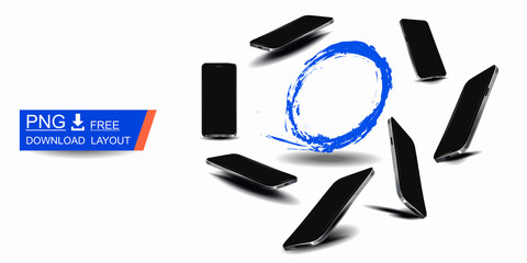 Free set of stylish thin smartphones with blank screen. Big collection realistic smartphones from different sides. Modern telephone models for presentation and advertising. Demonstration latest model 