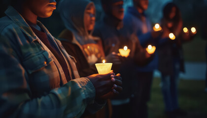 A group of people are holding candles in a dark room